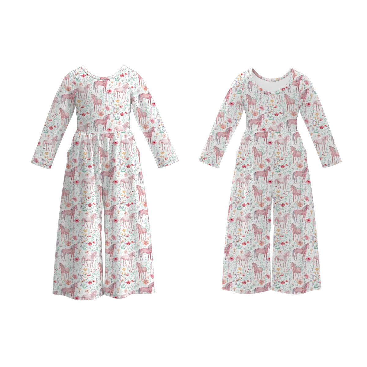 Front and back flat view of the pink pony and floral print jumpsuit with wide legs