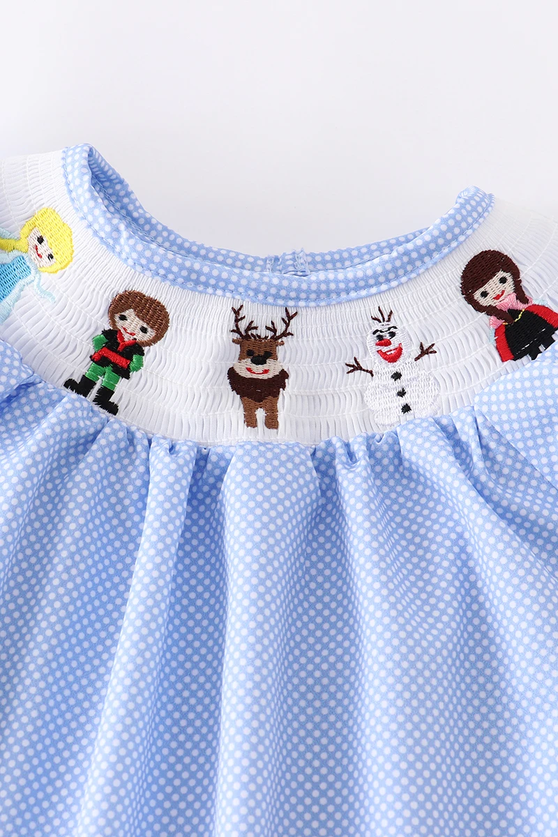 Frozen Embroidered Polka Dot Smocked Dress