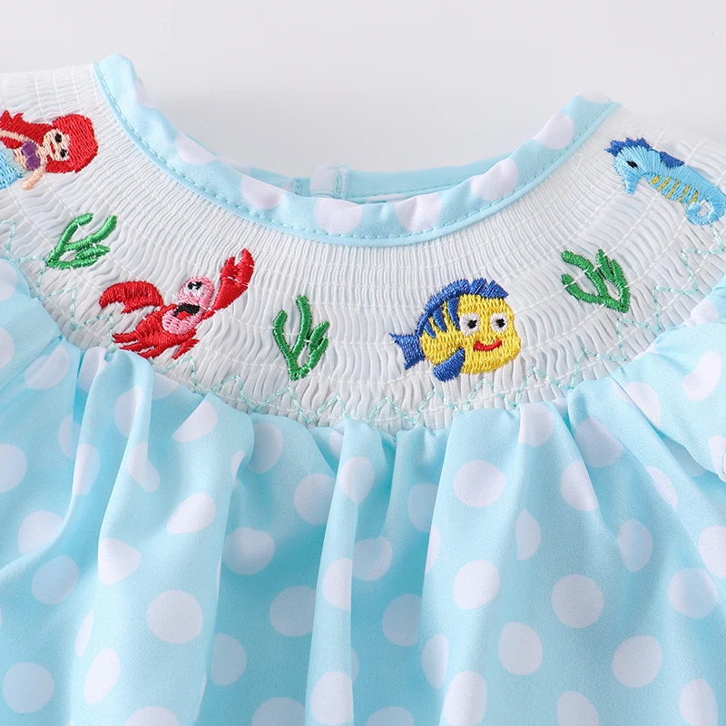 (In Stock)Girls Polka Dot Smocked Mermaid Embroidery Dress