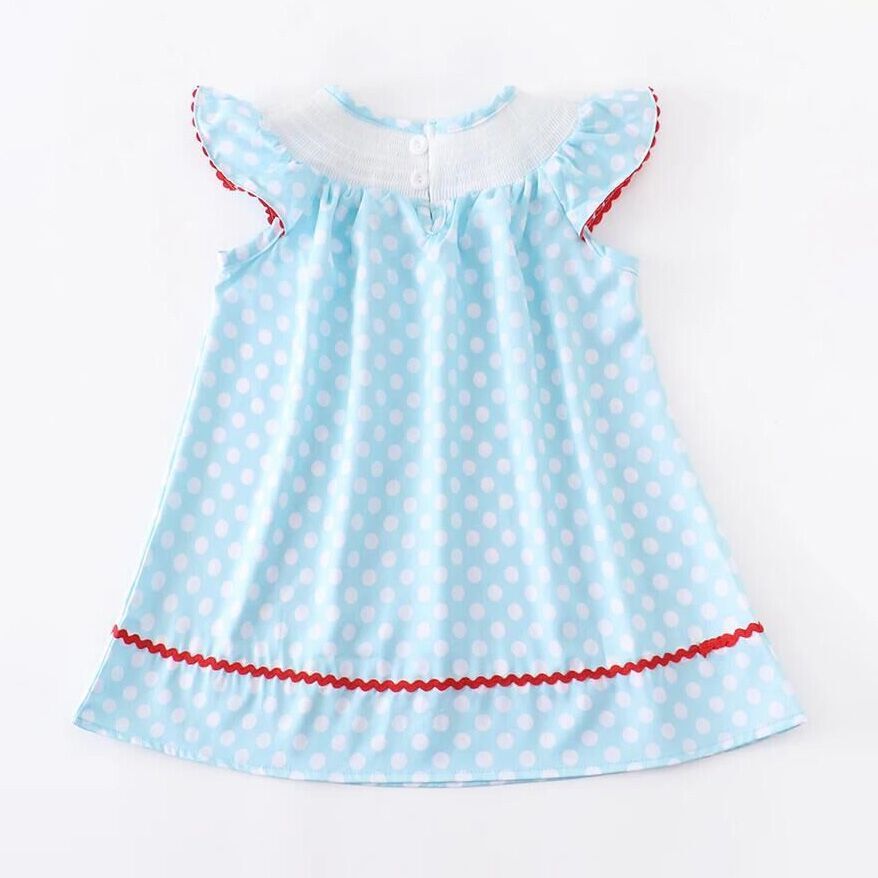(In Stock)Girls Polka Dot Smocked Mermaid Embroidery Dress