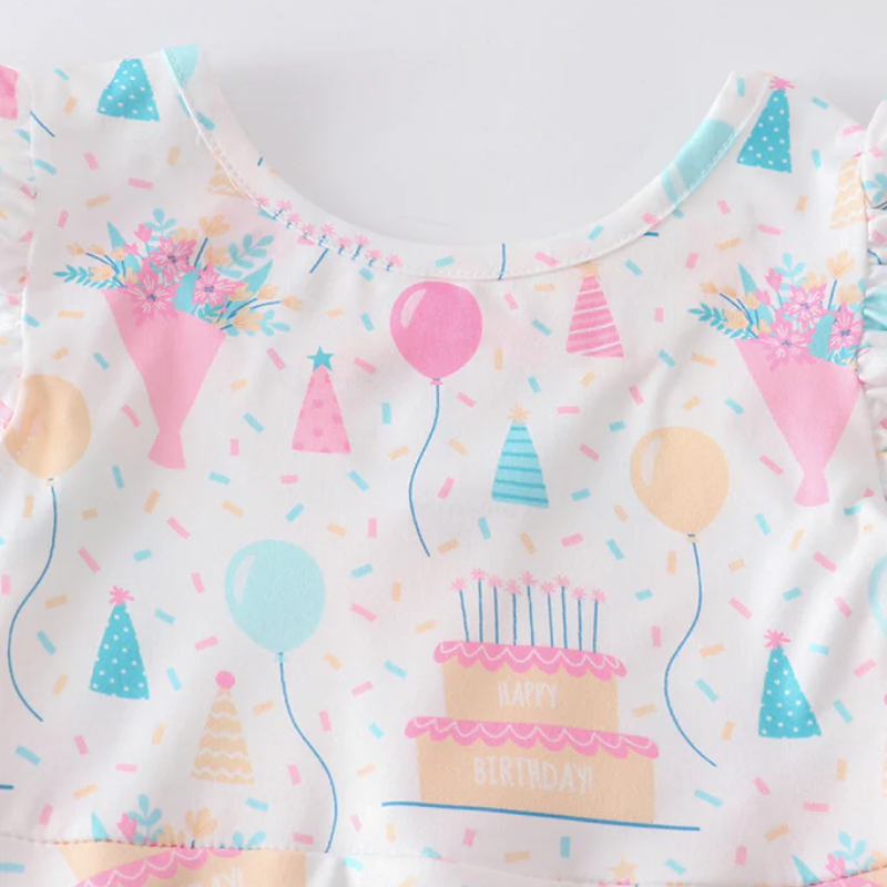 (Pre Order)Girl's Birthday Cake Balloon Print Ruffle Dress