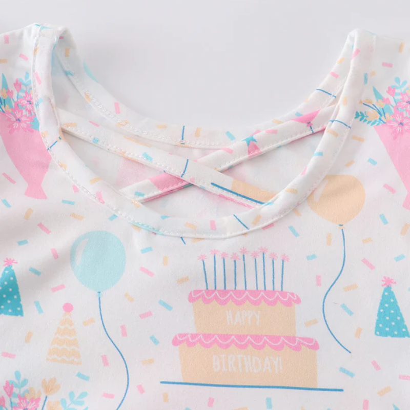 (Pre Order)Girl's Birthday Cake Balloon Print Ruffle Dress