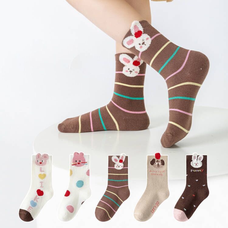 （Pre Order）5 Pairs of Girls Easter Bunny Jacquard Mid-tube Socks