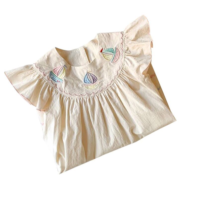 （Pre Order）Girls Spring and Summer Navy Embroidery Flying Sleeves Cotton Dress