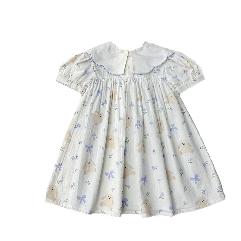 （Pre Order）Girls Spring and Summer Bow Applique Teddy Bear Print Dress