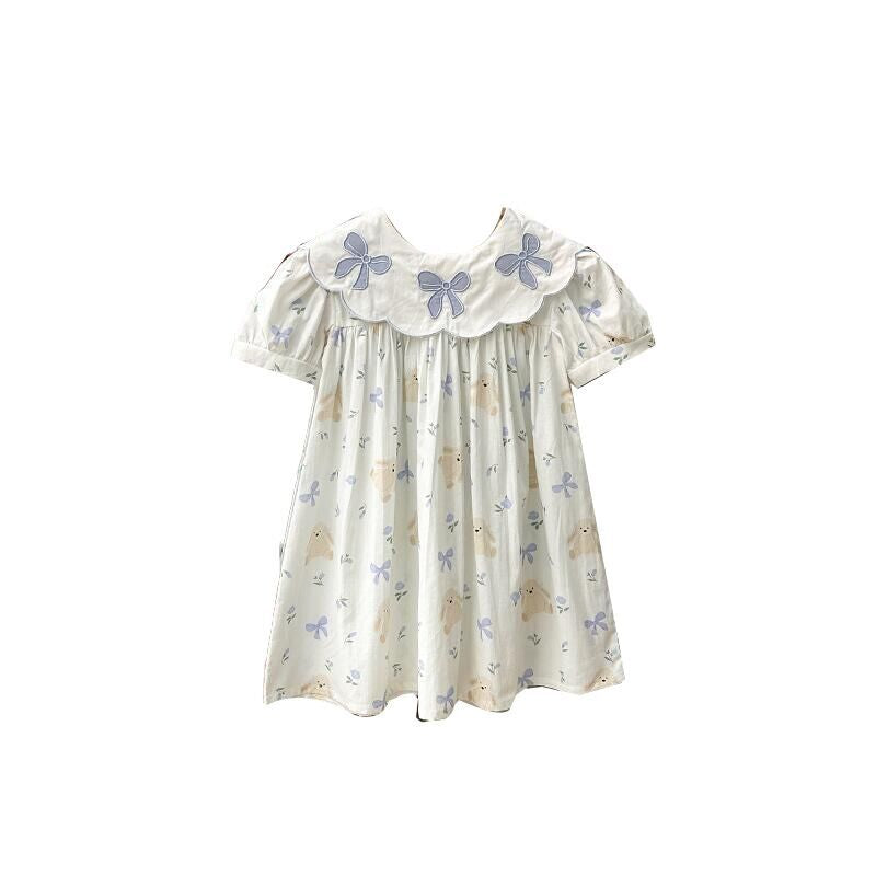 （Pre Order）Girls Spring and Summer Bow Applique Teddy Bear Print Dress