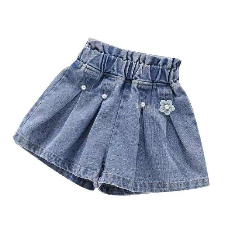 （Pre Order）Girls Summer Pearl Bow Denim Shorts