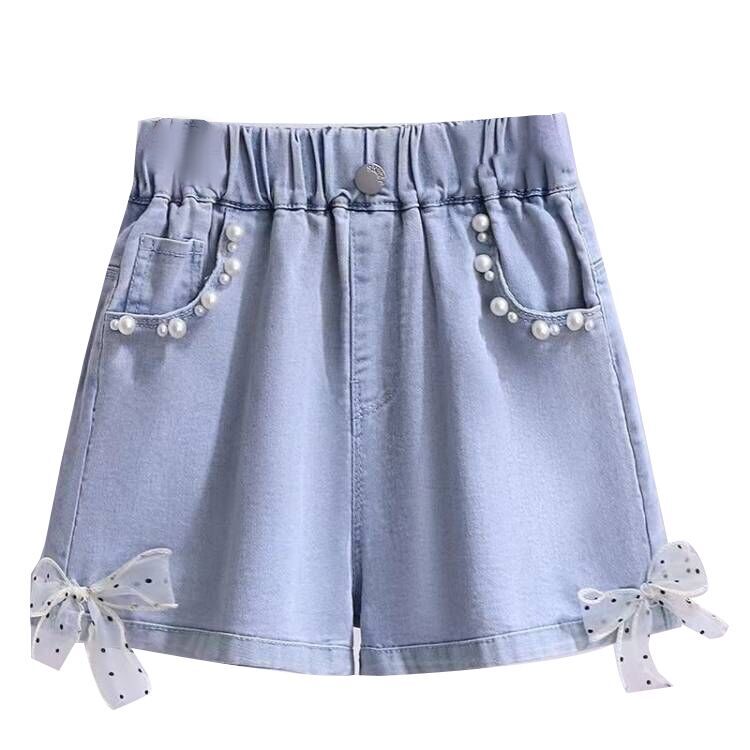 （Pre Order）Girls Summer Pearl Bow Denim Shorts