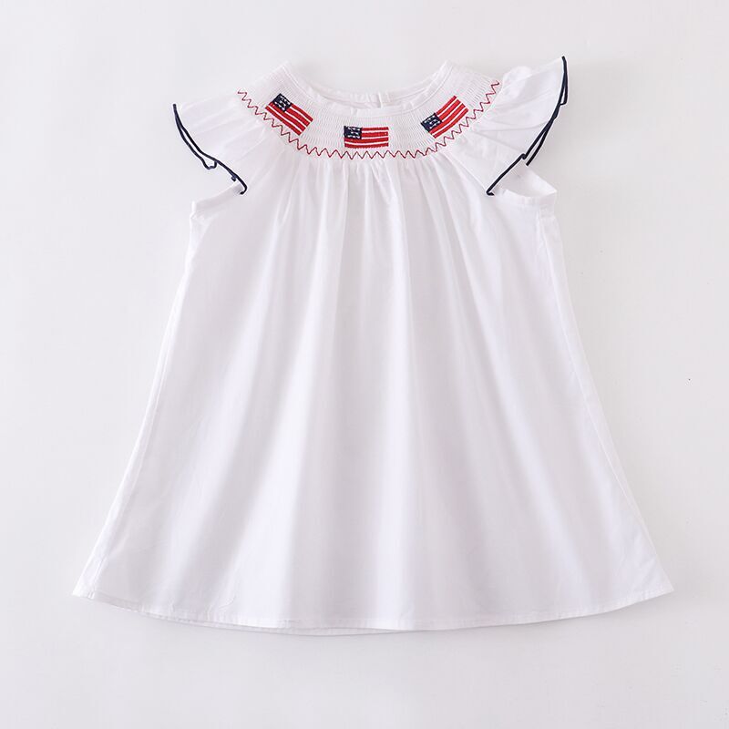 （In Stock）Girls Patriotic Embroidery Smocked Cotton White Dress