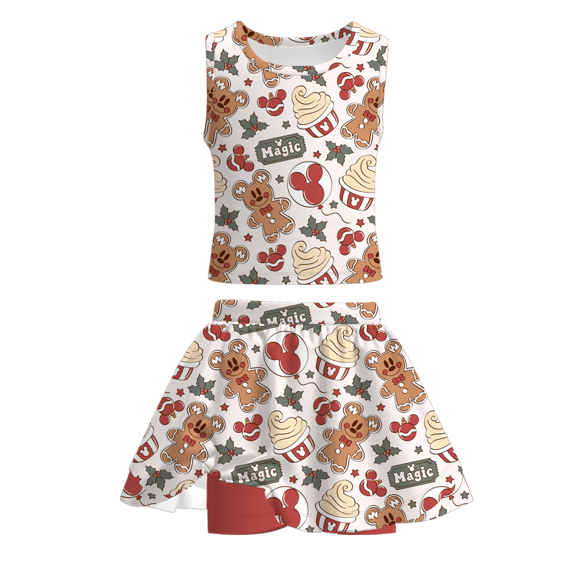 （Pre Order）Girls Christmas Gingerbread Print Skort Set