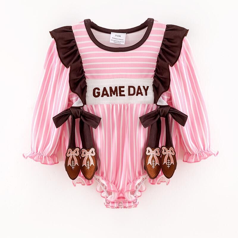 （Pre Order）Toddler Girls Football GAME DAY Embroidery Smocked Romper