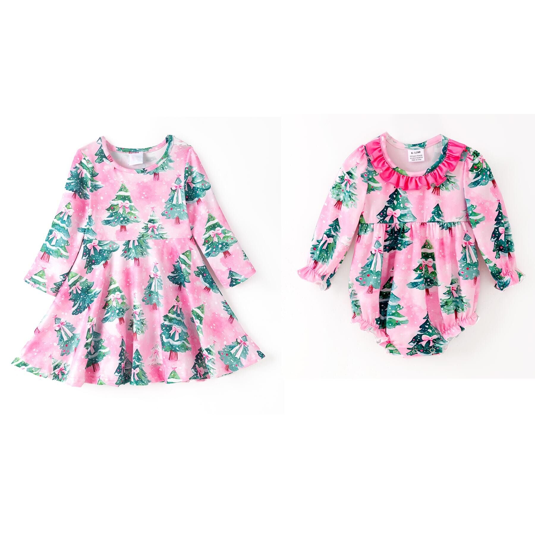 （Pre Order,Prepack Zone）Girls Christmas Tree Print Dress&Romper