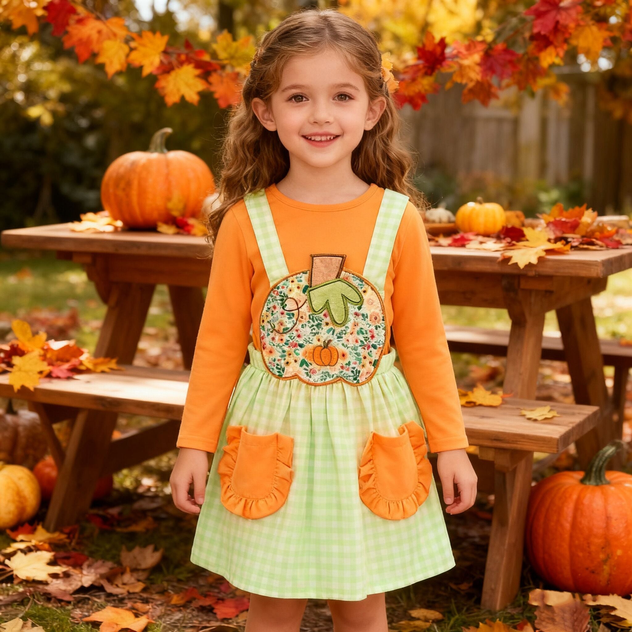 （In Stock）Girls Thanksgiving Pumpkin Applique Overall Dress with Pockets