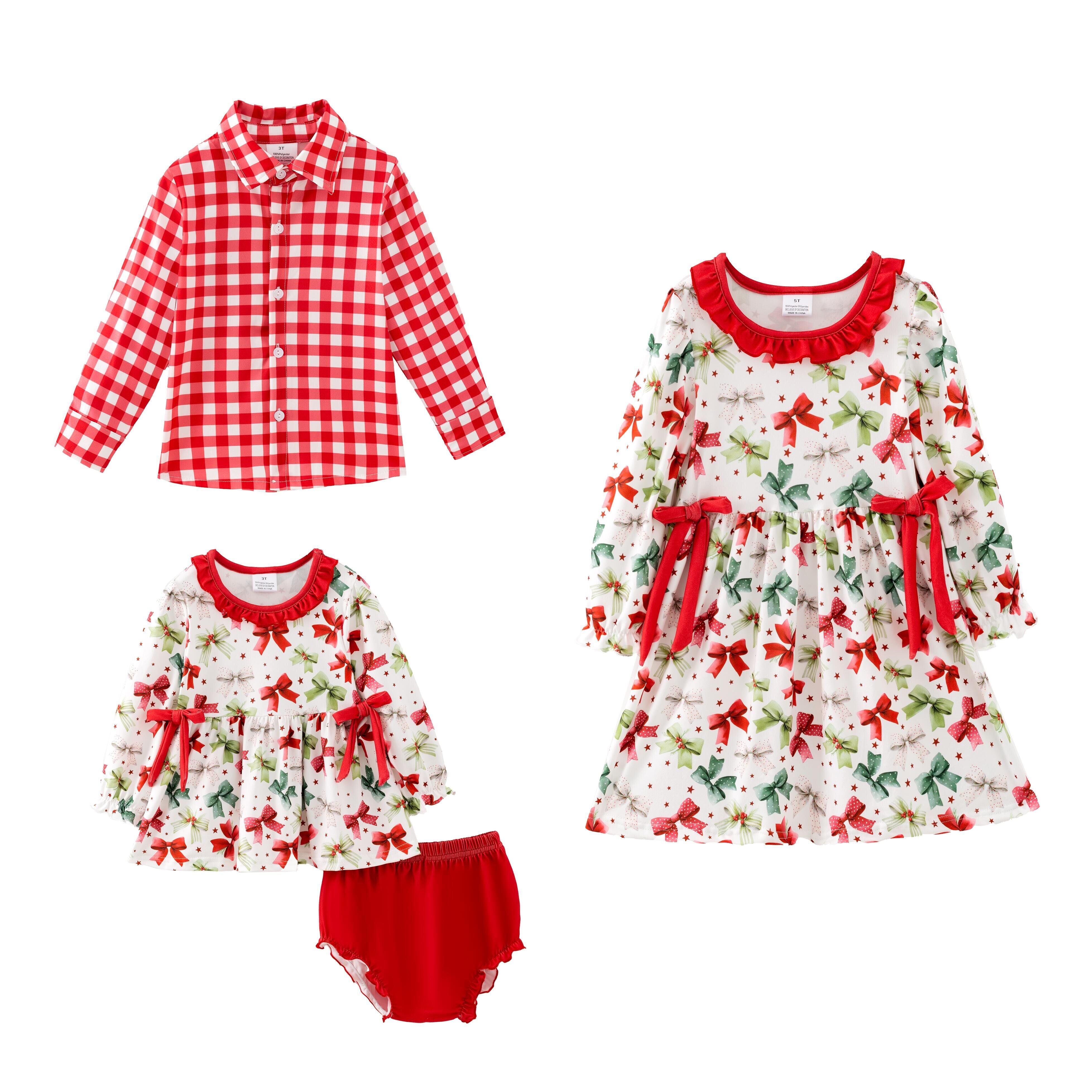 （Pre Order,Prepack Zone）Siblings Christmas Bow Print Dress,Top&Romper