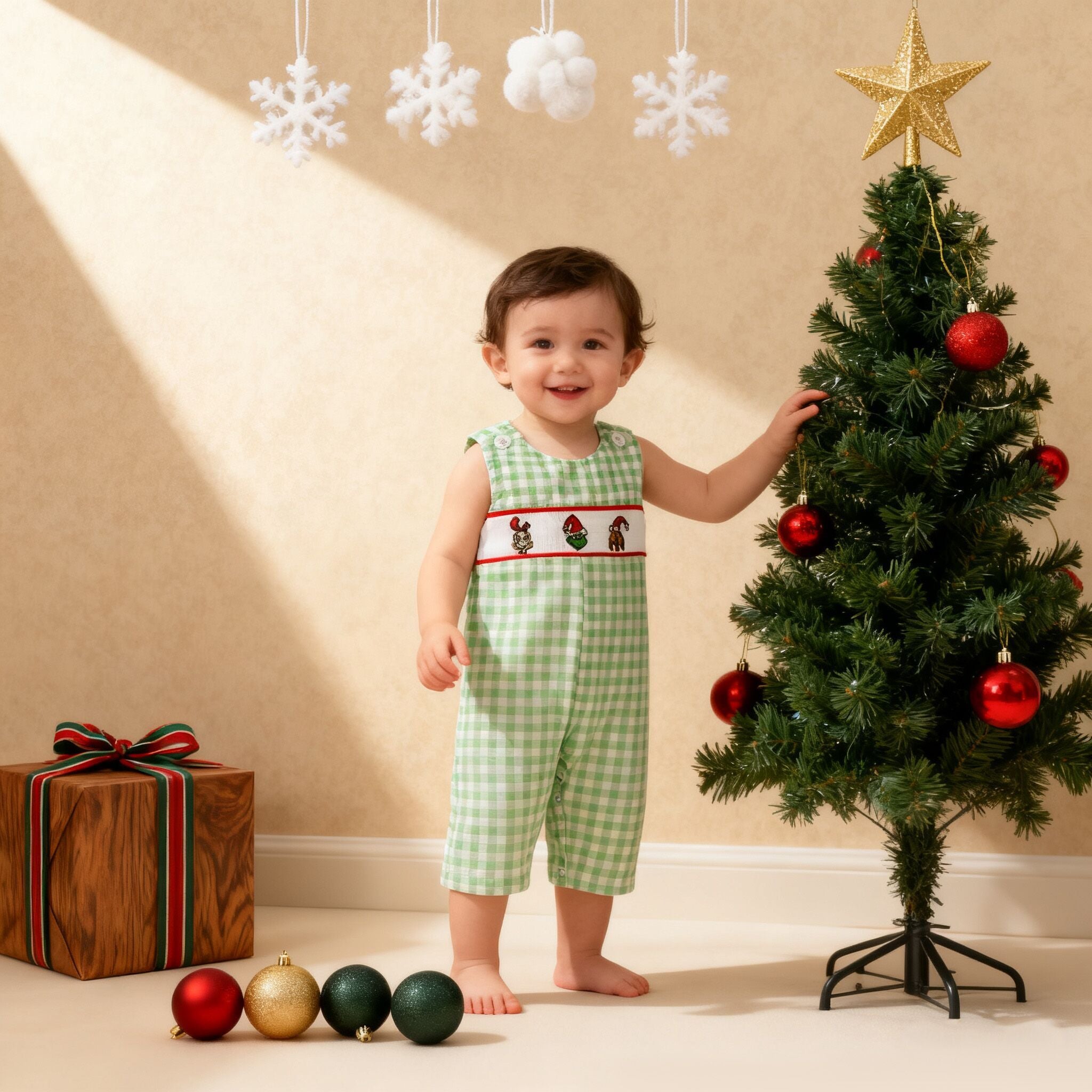 （In Stock）Toddler Boys Christmas Cartoon Embroidery Smocked Romper