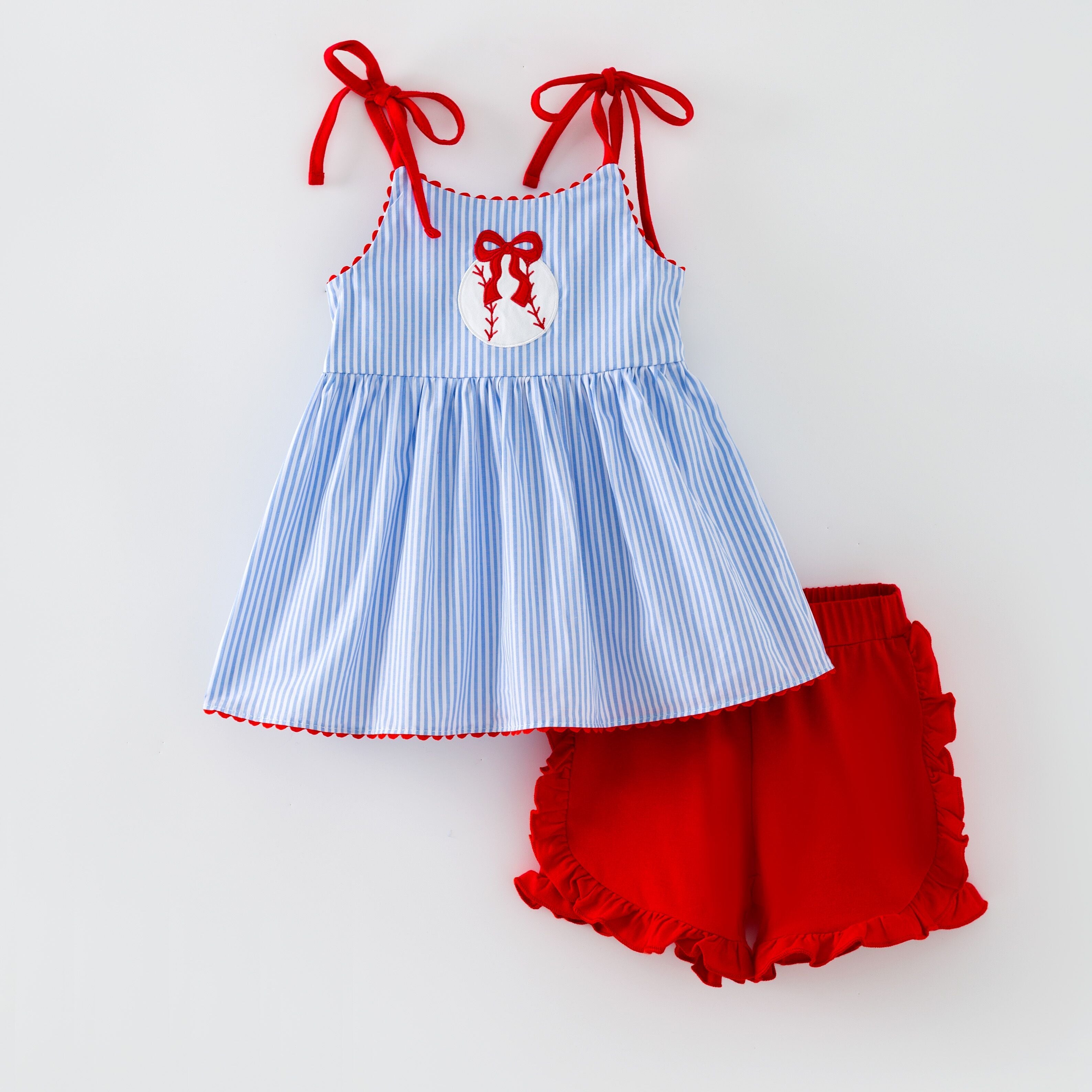 （In Stock） Girls Baseball Applique Smocked Cotton Shorts Set