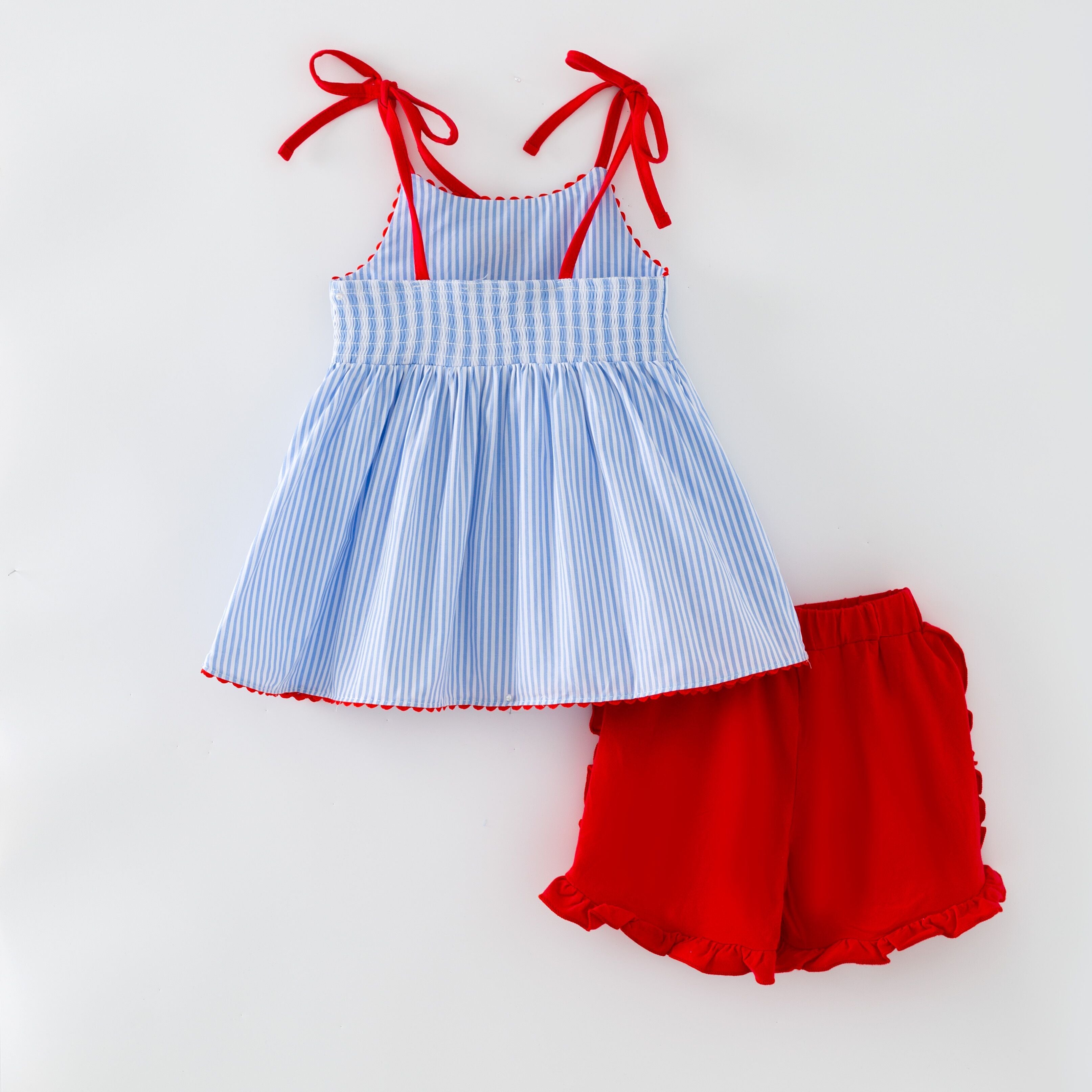 （In Stock） Girls Baseball Applique Smocked Cotton Shorts Set