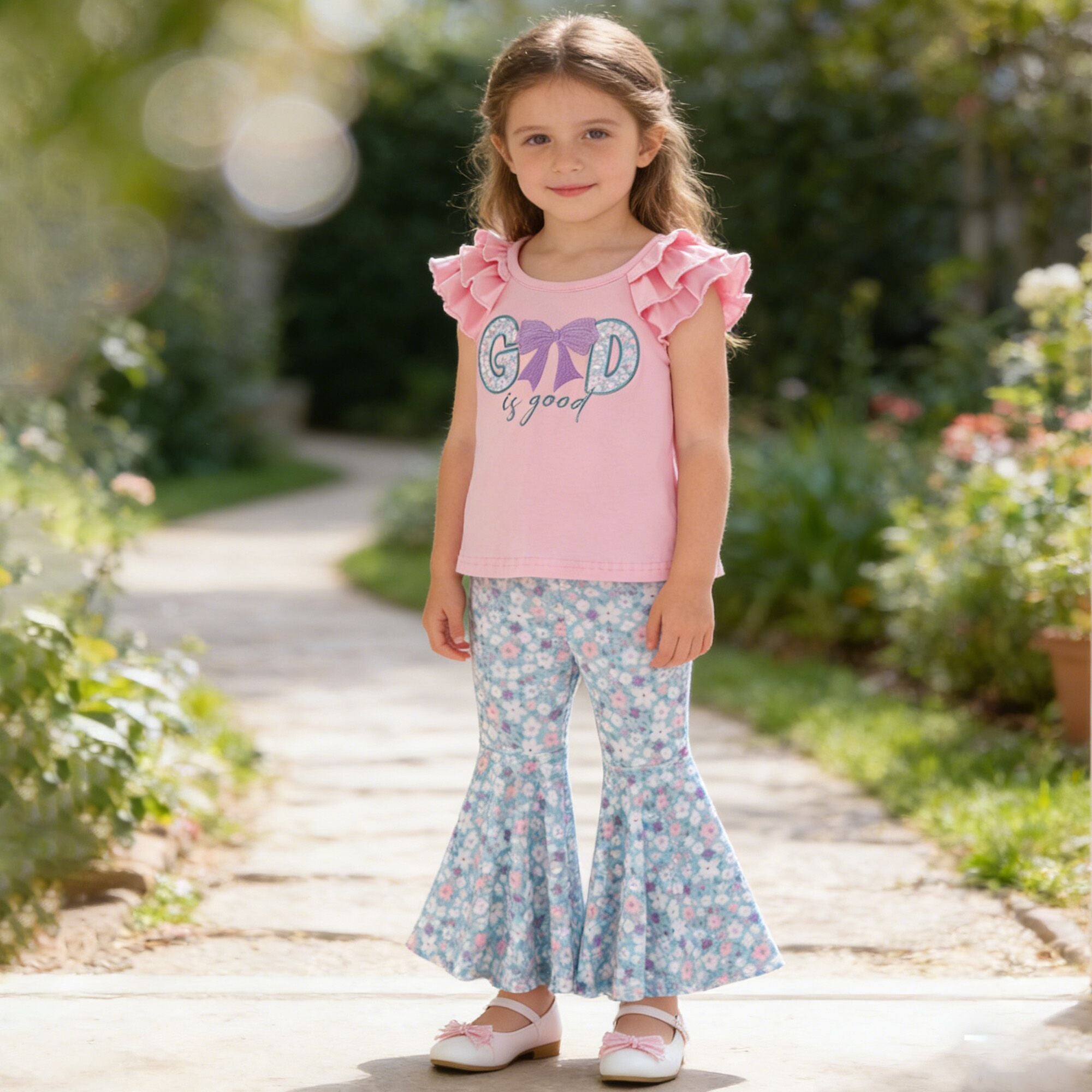 （In Stock）Girls Spring&Summer GOD is good Applique Ruffle Set&Romper