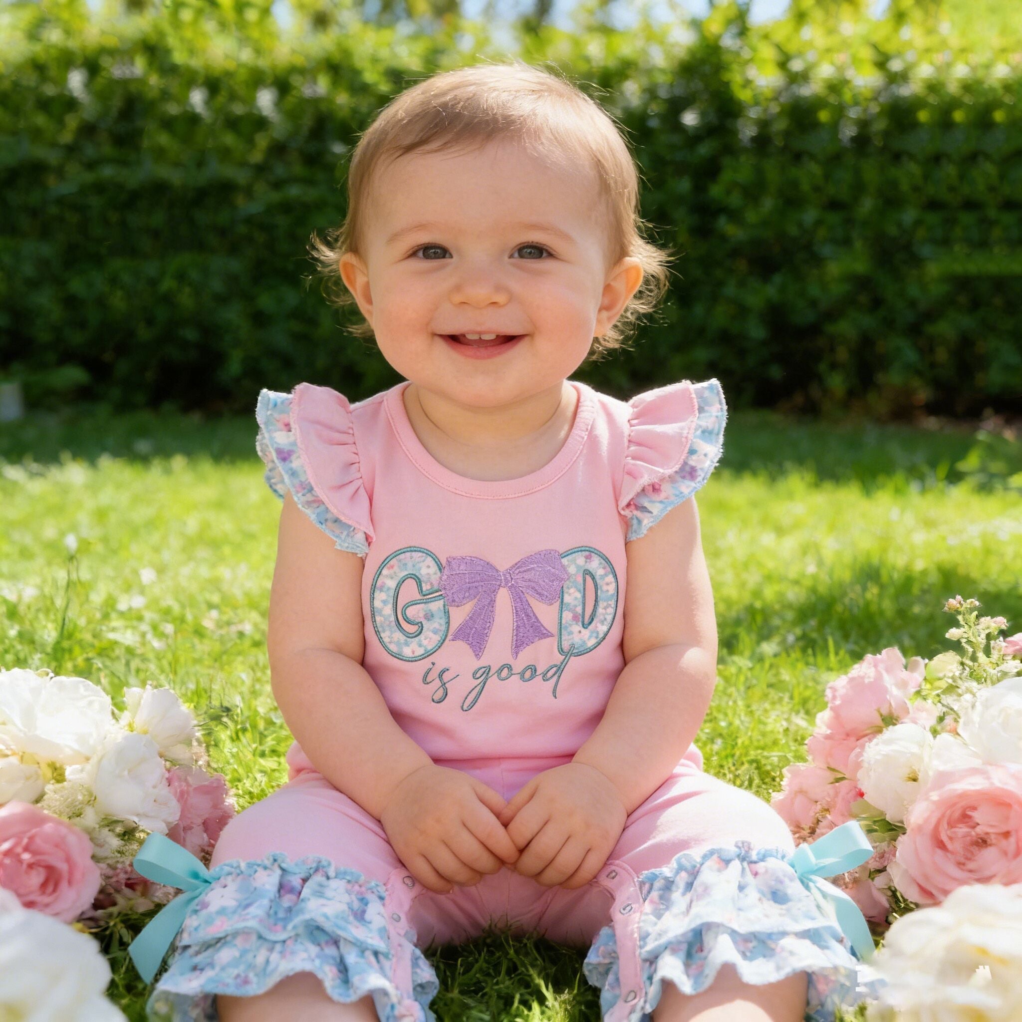 （In Stock）Girls Spring&Summer GOD is good Applique Ruffle Set&Romper