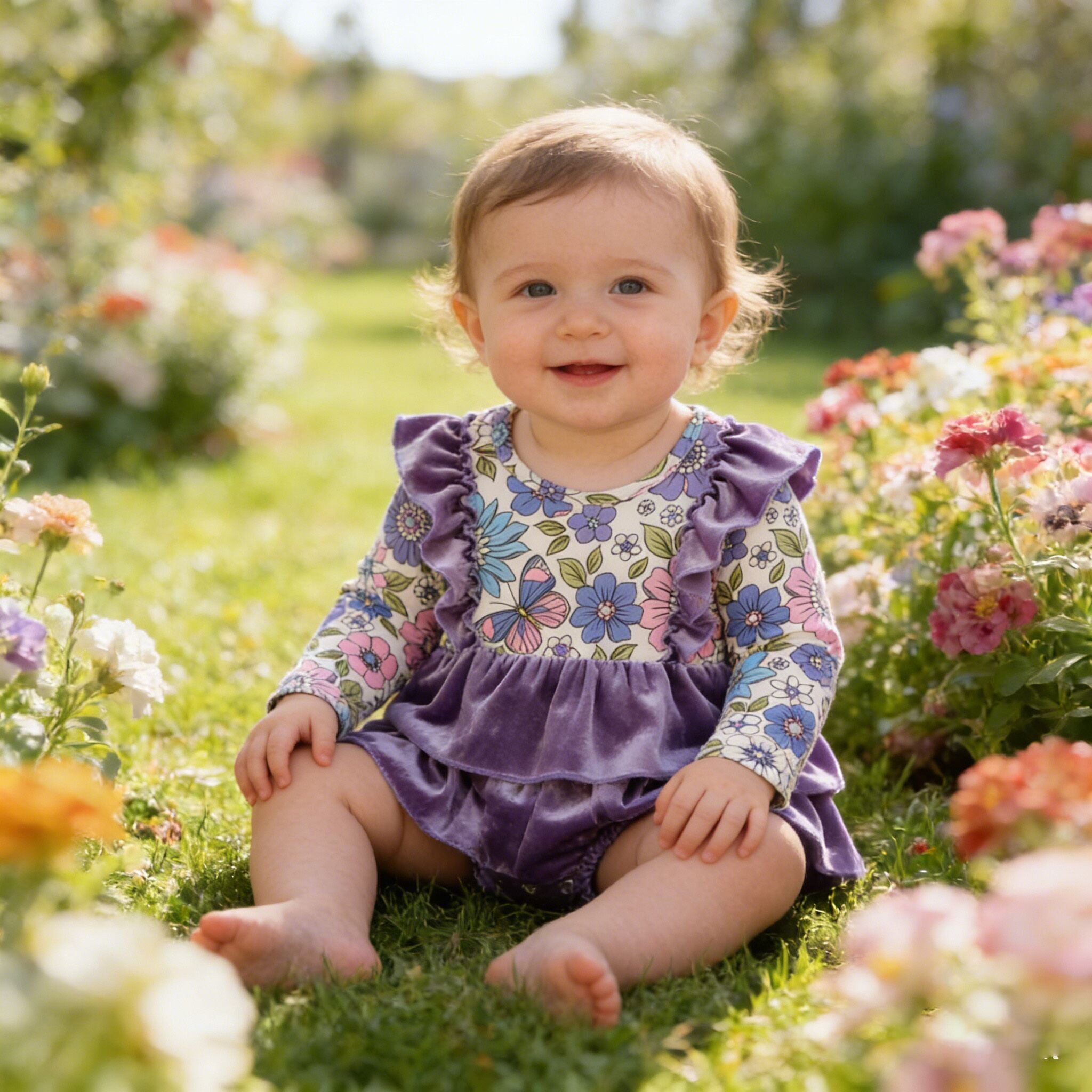 （In Stock）Toddler Girls Spring Lavender Velvet Floral Print Romper