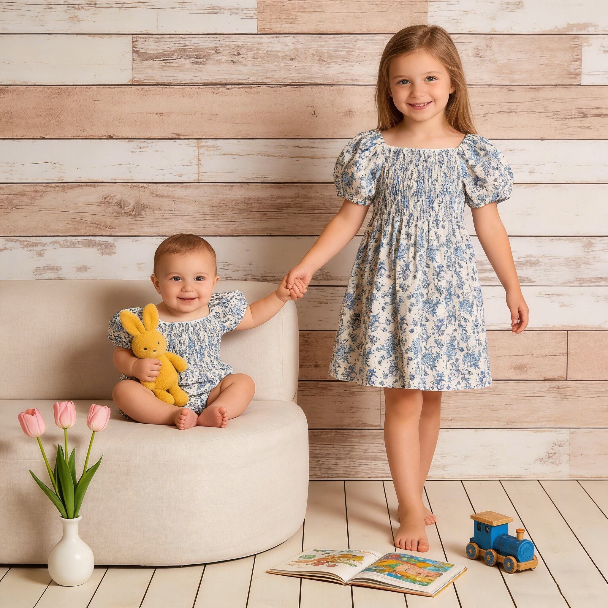 （In Production）Sisters Spring&Summer Floral Smocked Dress,Romper