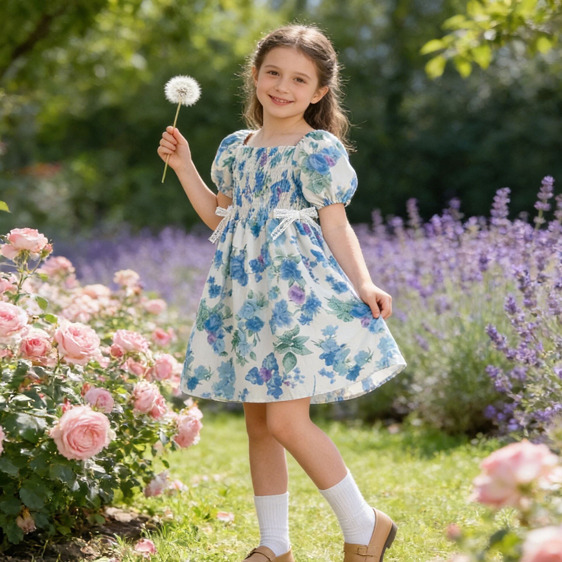 （In Production）Sisters Spring&Summer Floral Print Smocked Dress,Romper