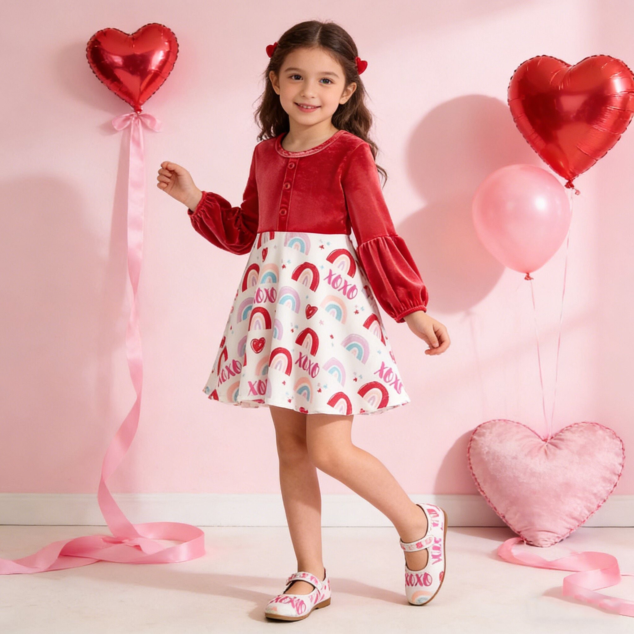 （In Stock L8-1-2）Girls Valentine's Day Print Velvet Dress