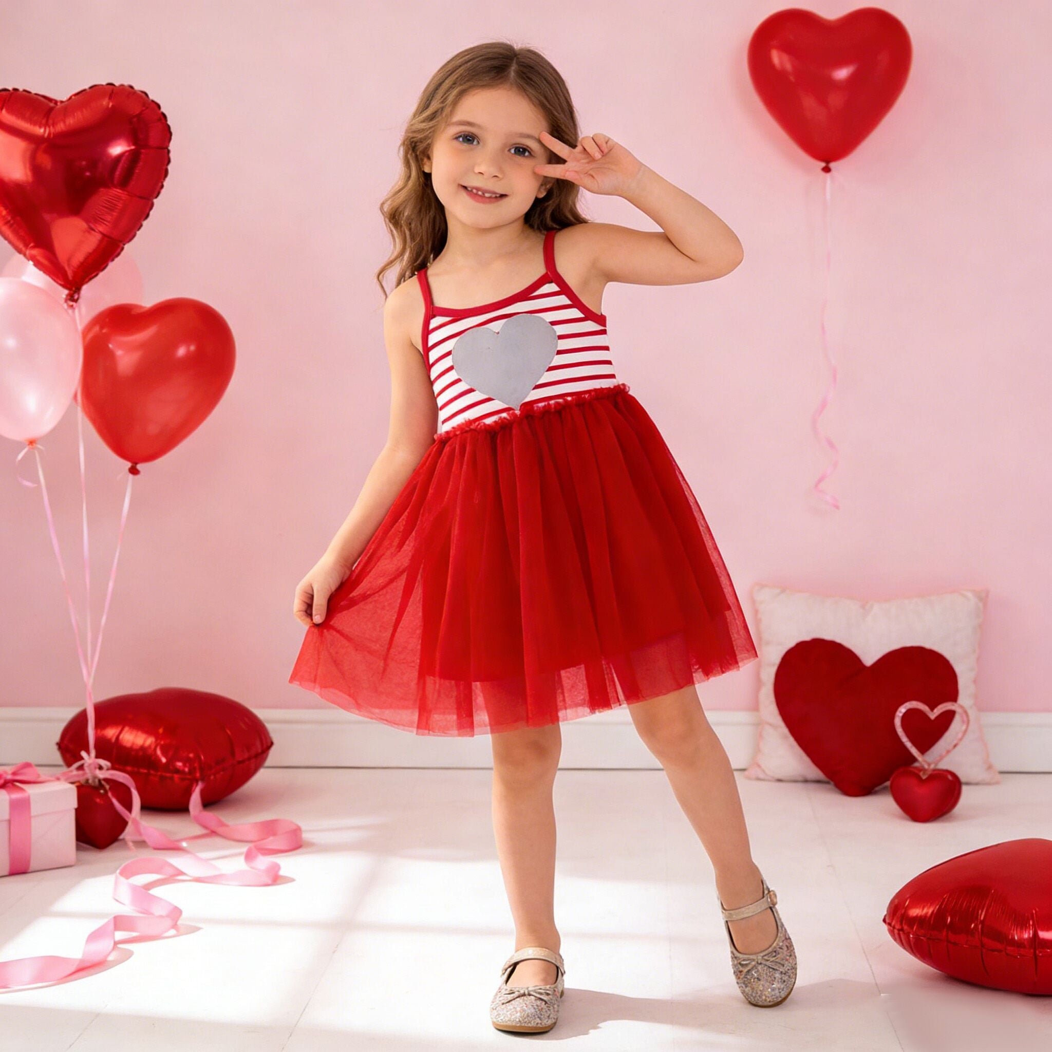 （In Stock L33-5-3）Girls Valentine's Day Print Tulle Dress