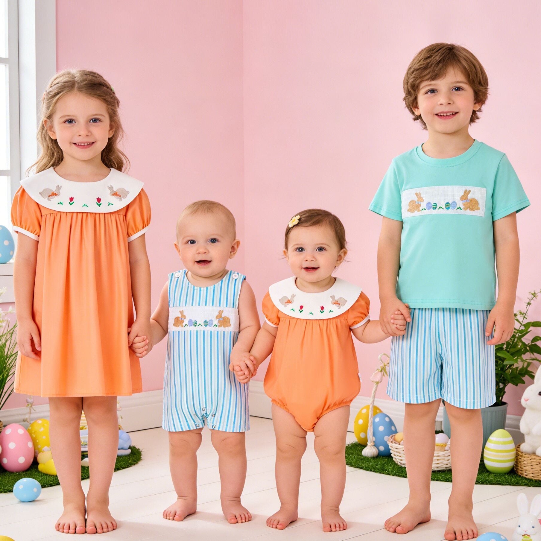 （In Stock）Siblings Easter Bunny Embroidery Dress,Set&Romper
