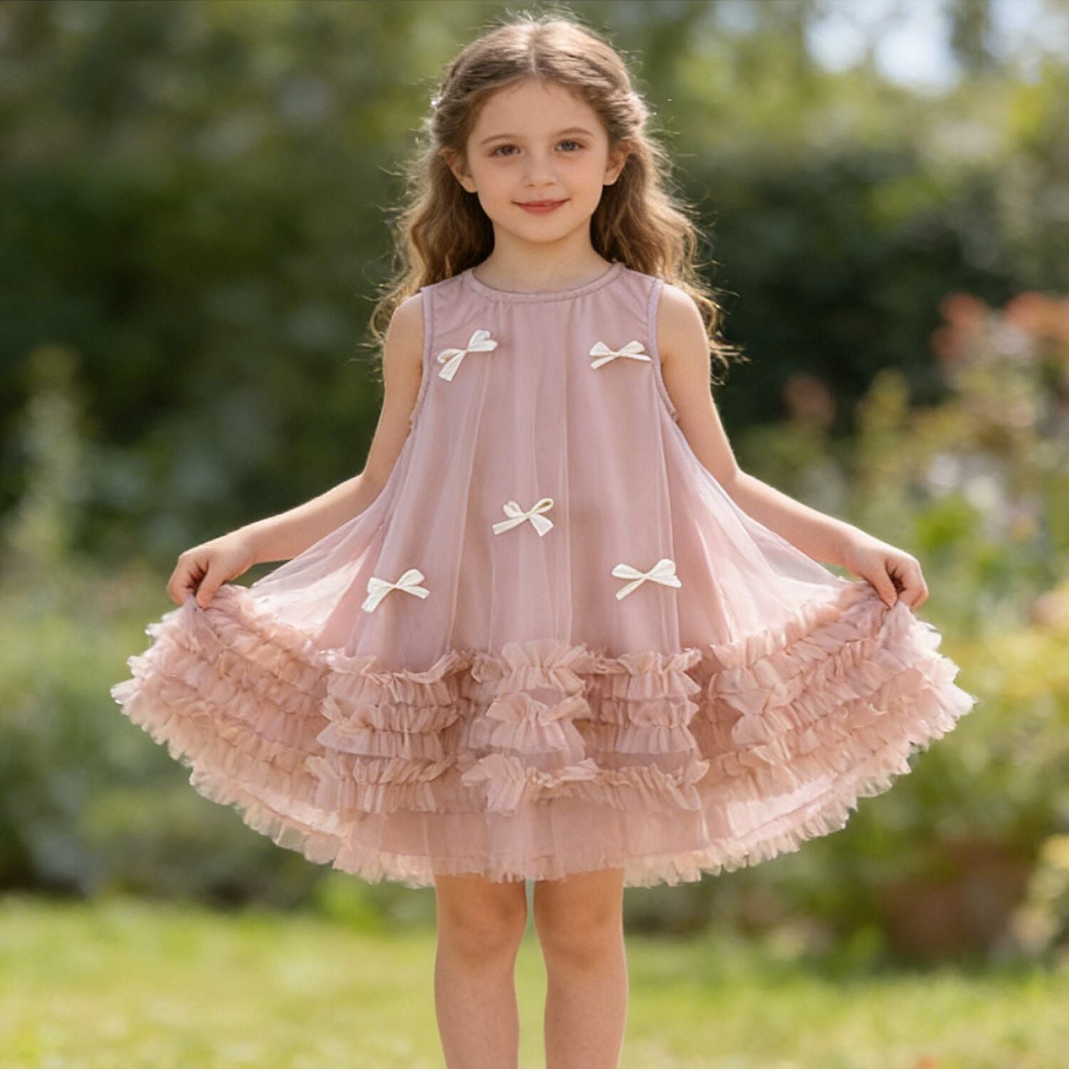 （In Production）Girls Spring&Summer Smoke Pink Bow Mesh Dress