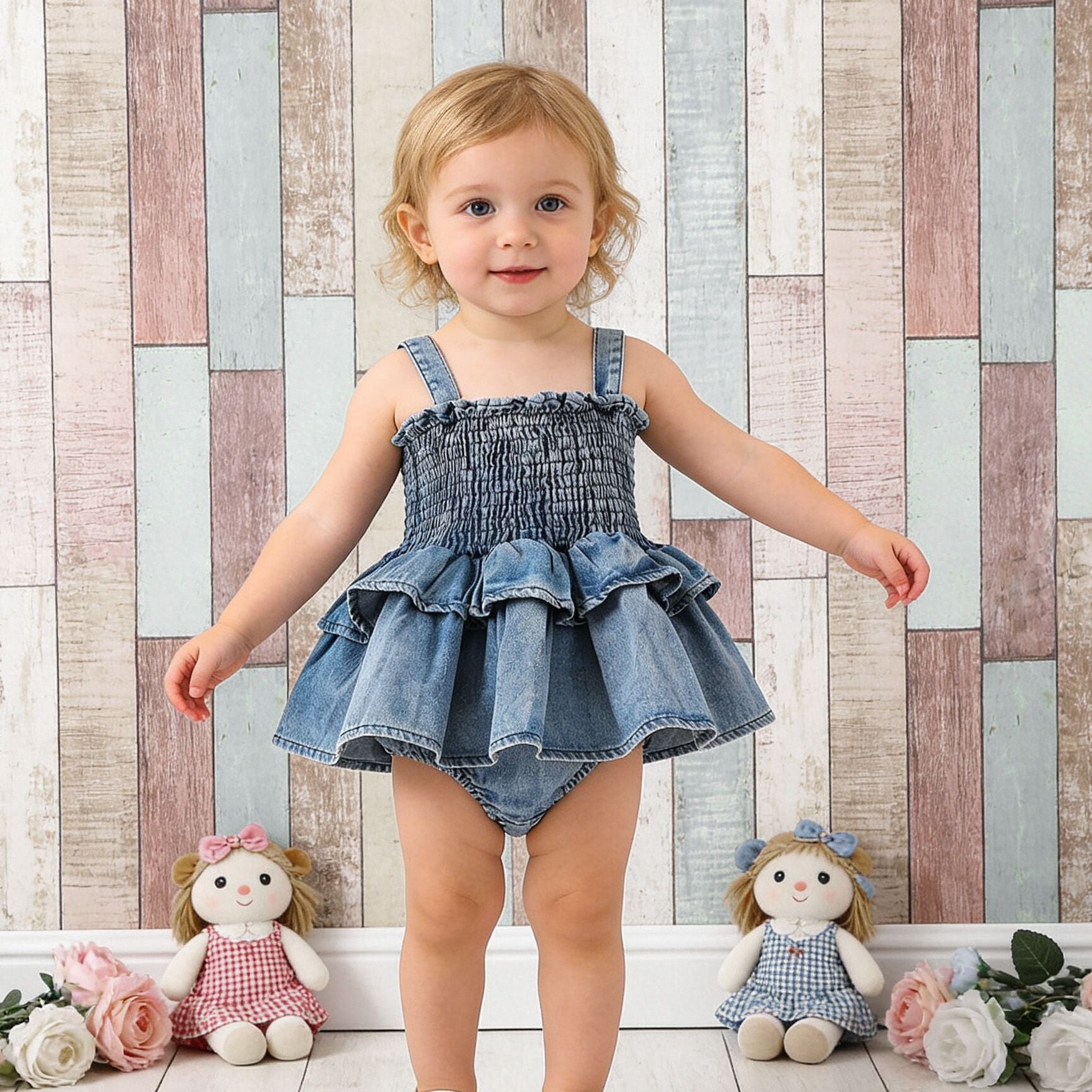 （In Production）Toddler Girls Spring&Summer Denim Smocked Romper