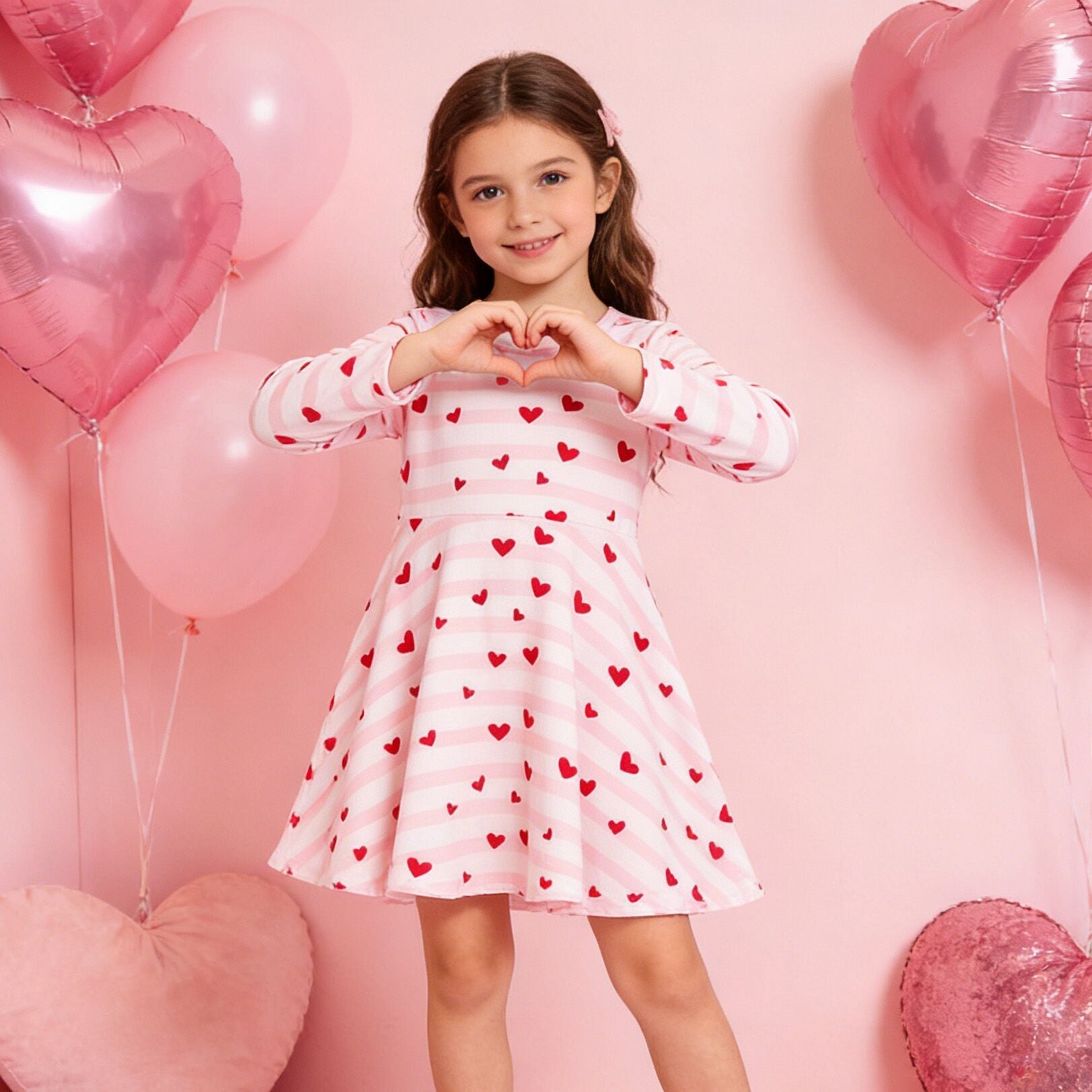 （In Stock）Girls Valentine's Day Love Print Pink Stripe Dress