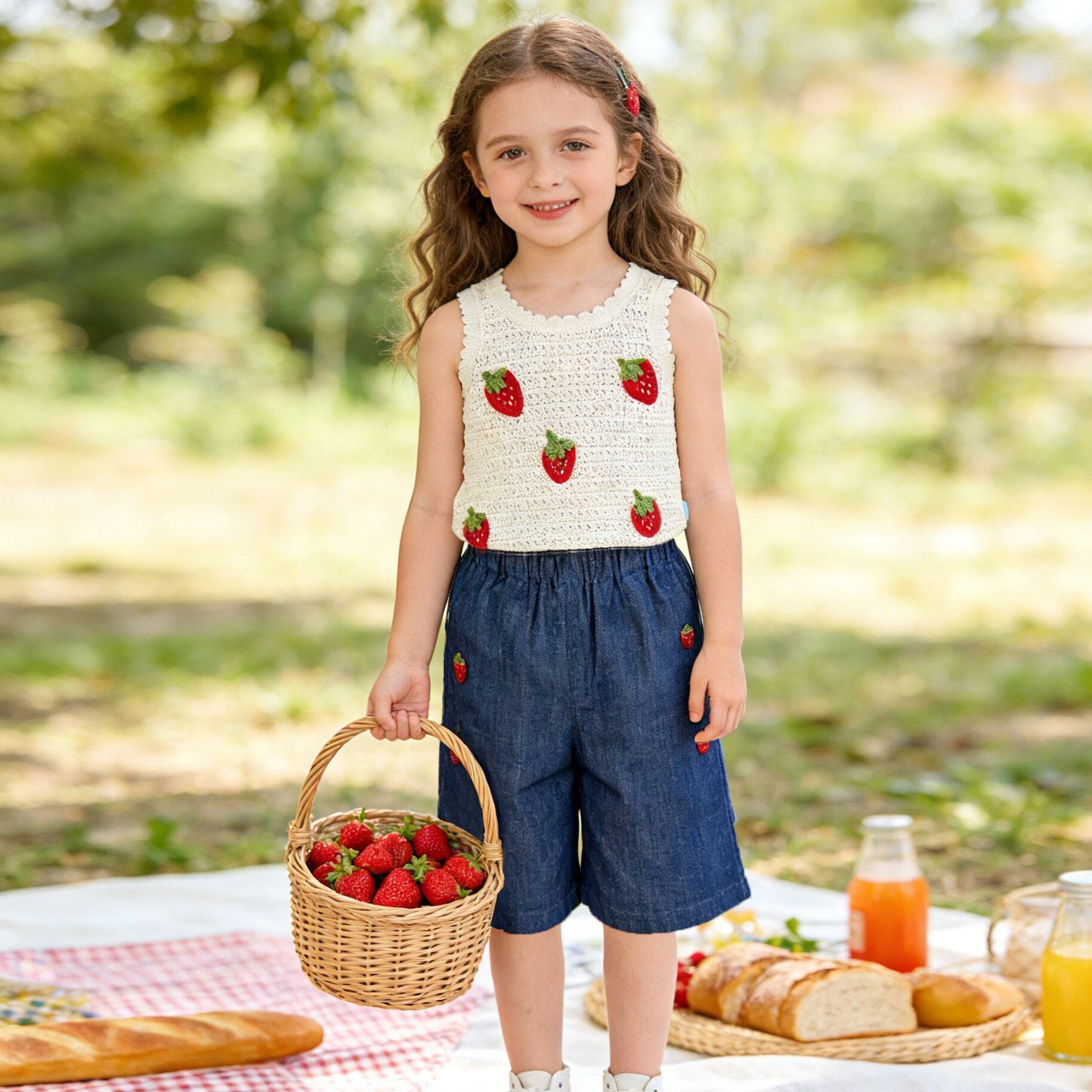 （In Production）Girls Spring&Summer Strawberry Embroidery Denim Pants Set