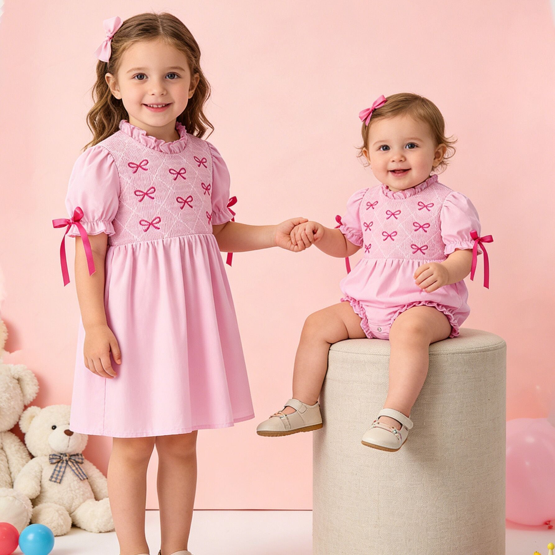 （In Stock）Sisters Valentine's Day Bow Embroidery Smocked Dress&Romper