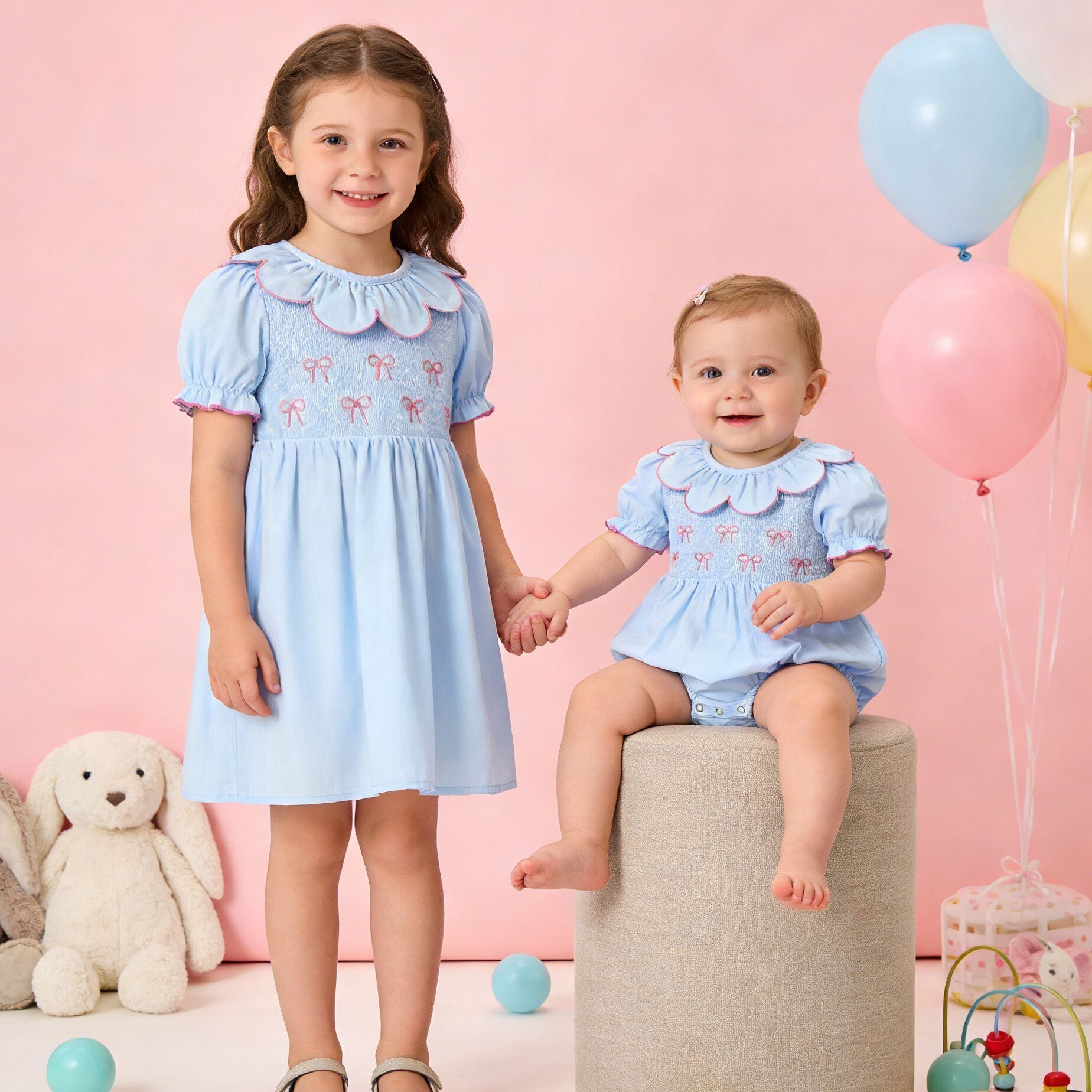 （In Stock）Sisters Valentine's Day Bow Embroidery Smocked Dress&Romper