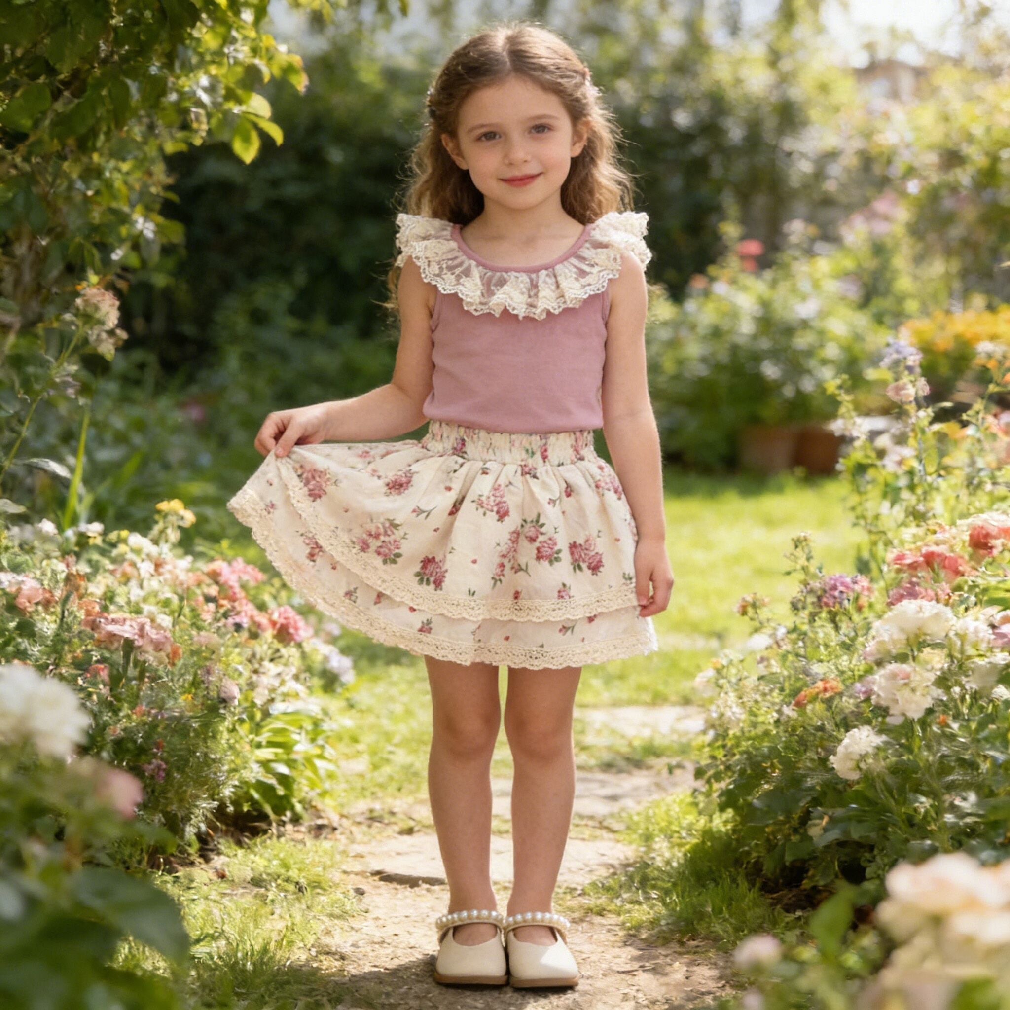 （In Production）Girls Spring&Summer Lace Ruffle Skort Set