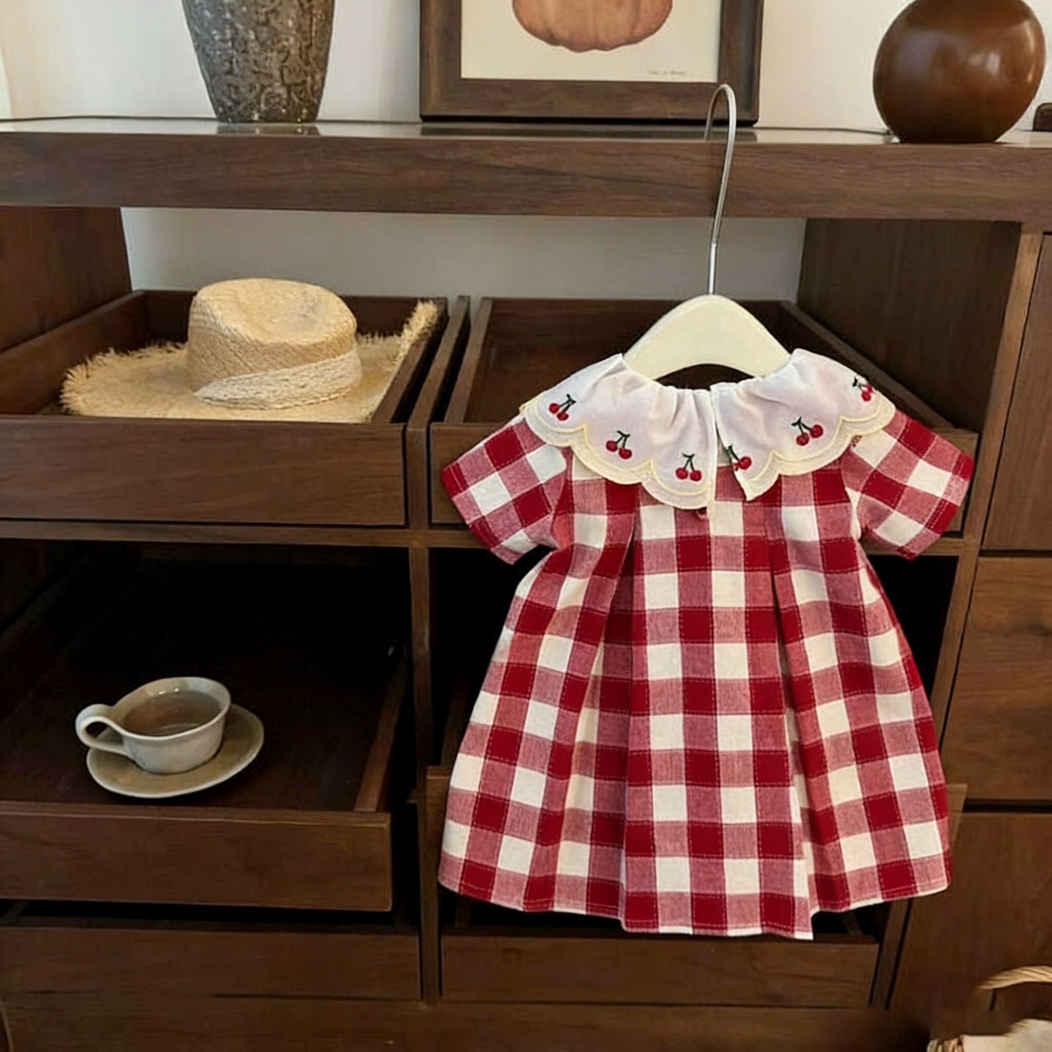 （In Production）Girls Spring&Summer Cherry Embroidery Doll Collar Dress