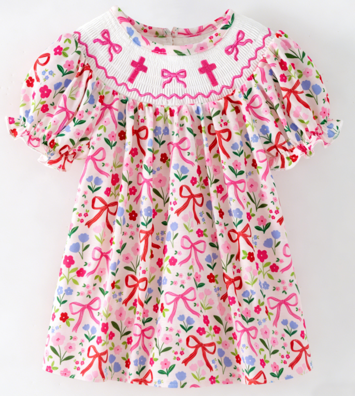 （Pre Order）Sisters Easter Cross Embroidery Smocked Dress&Romper