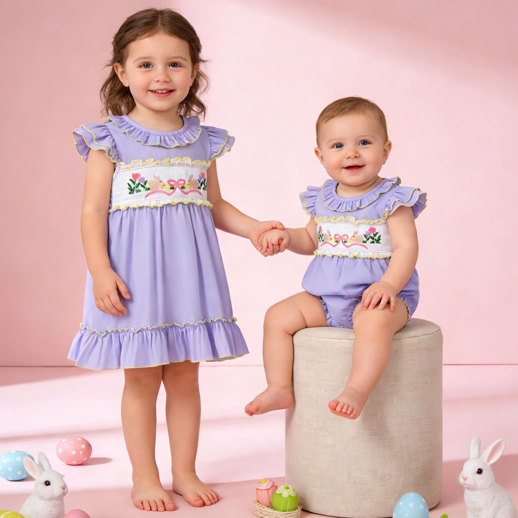 （In Stock）Sisters Easter Bunny Embroidery Smocked Dress&Romper