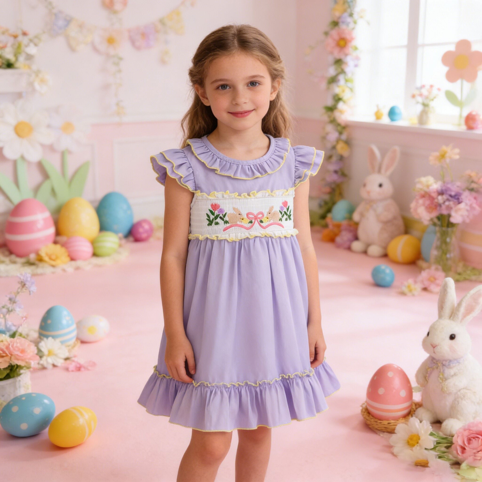 （In Stock）Sisters Easter Bunny Embroidery Smocked Dress&Romper