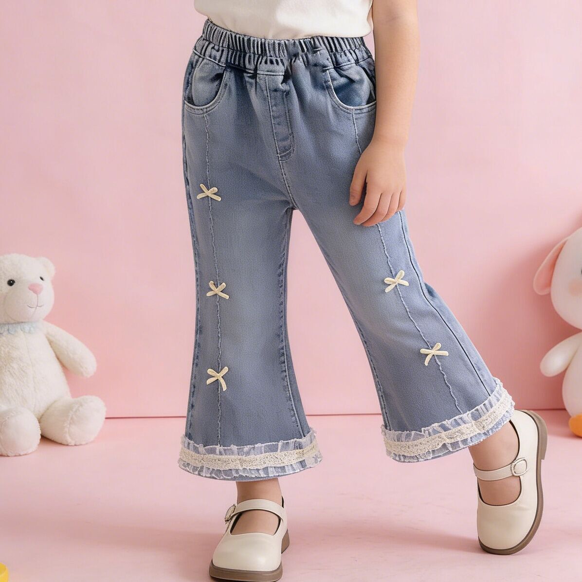 （In Production）Girls Spring&Summer Bow Lace Denim Flared Pants