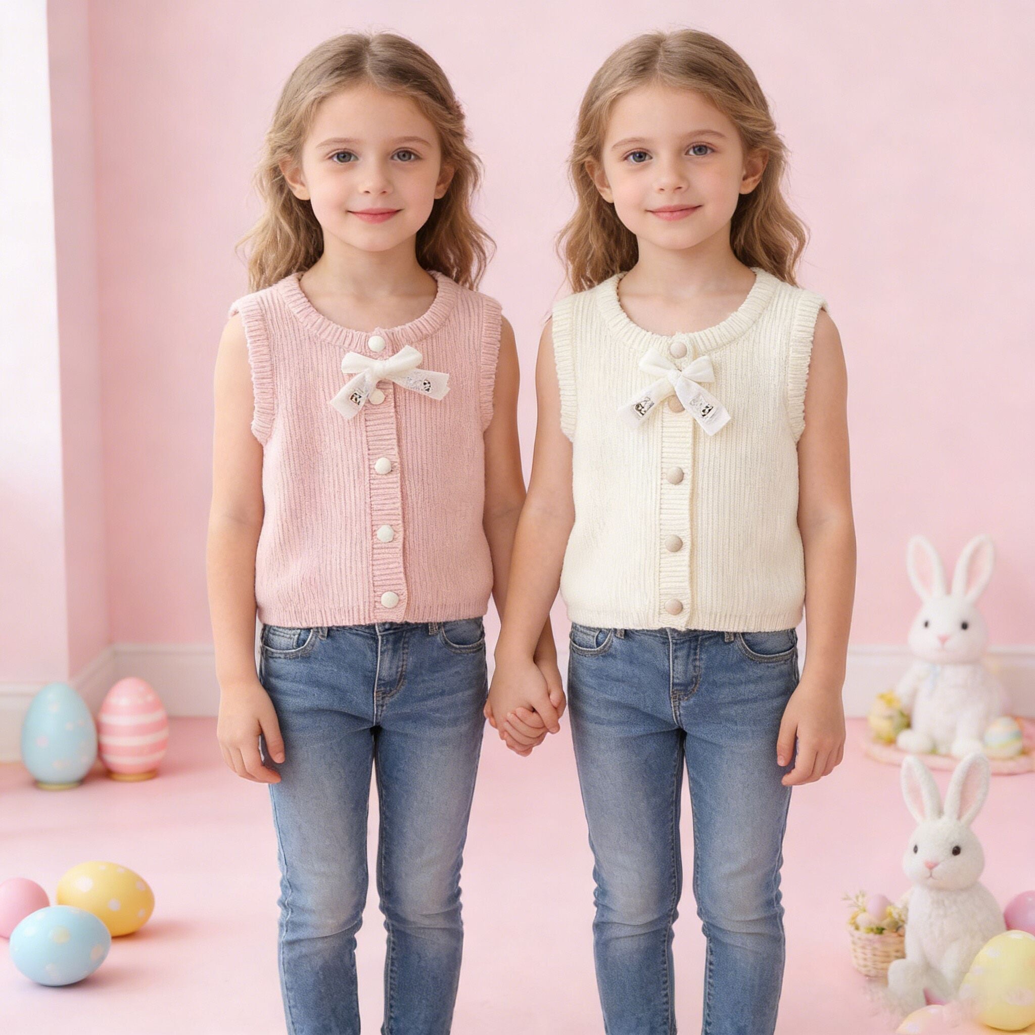 （In Production）Girls Easter Bunny Ear Shape Vest Cardigan