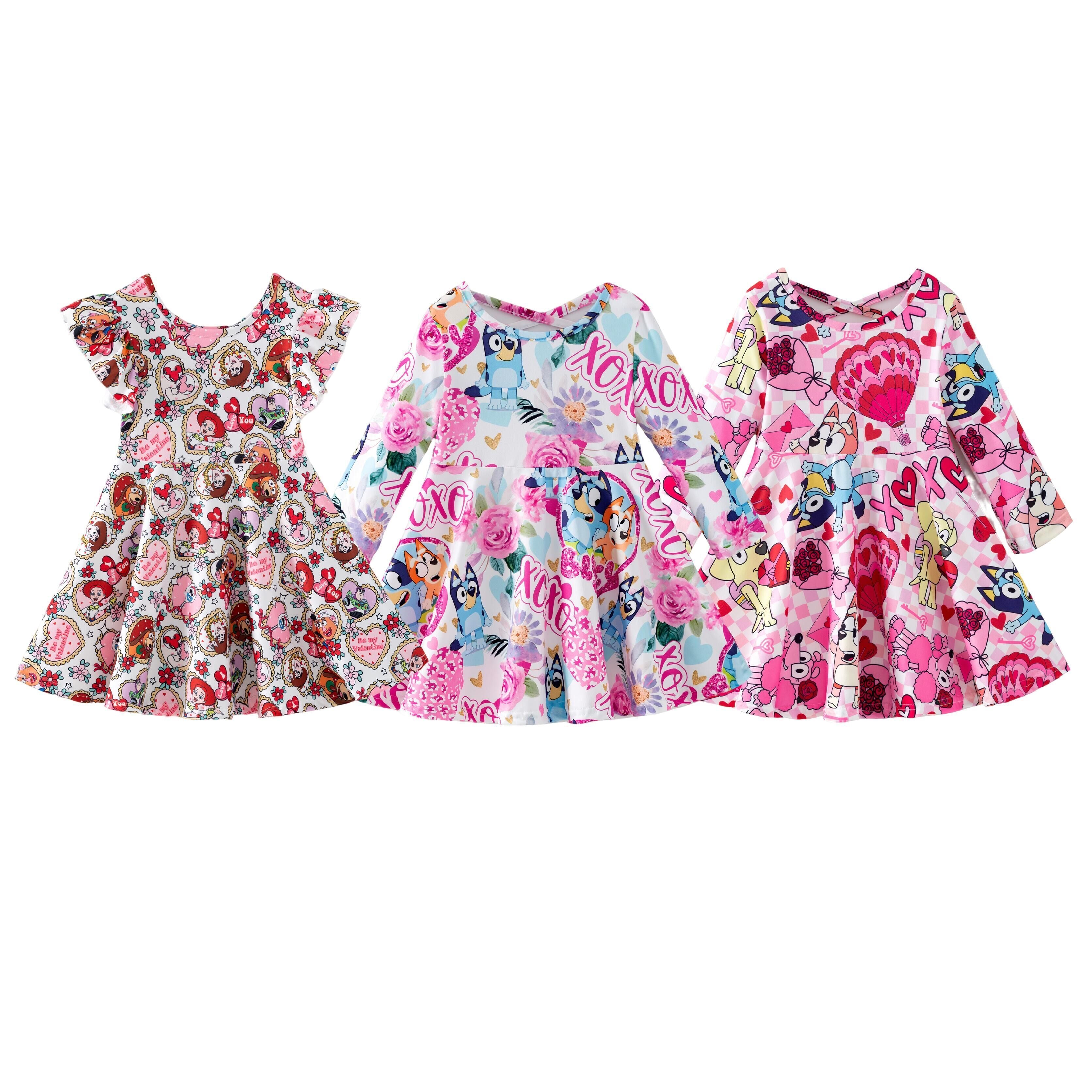（Pre Order,Prepack Zone）Girls Valentine's Day Cartoon Print Dress（Mix Size）
