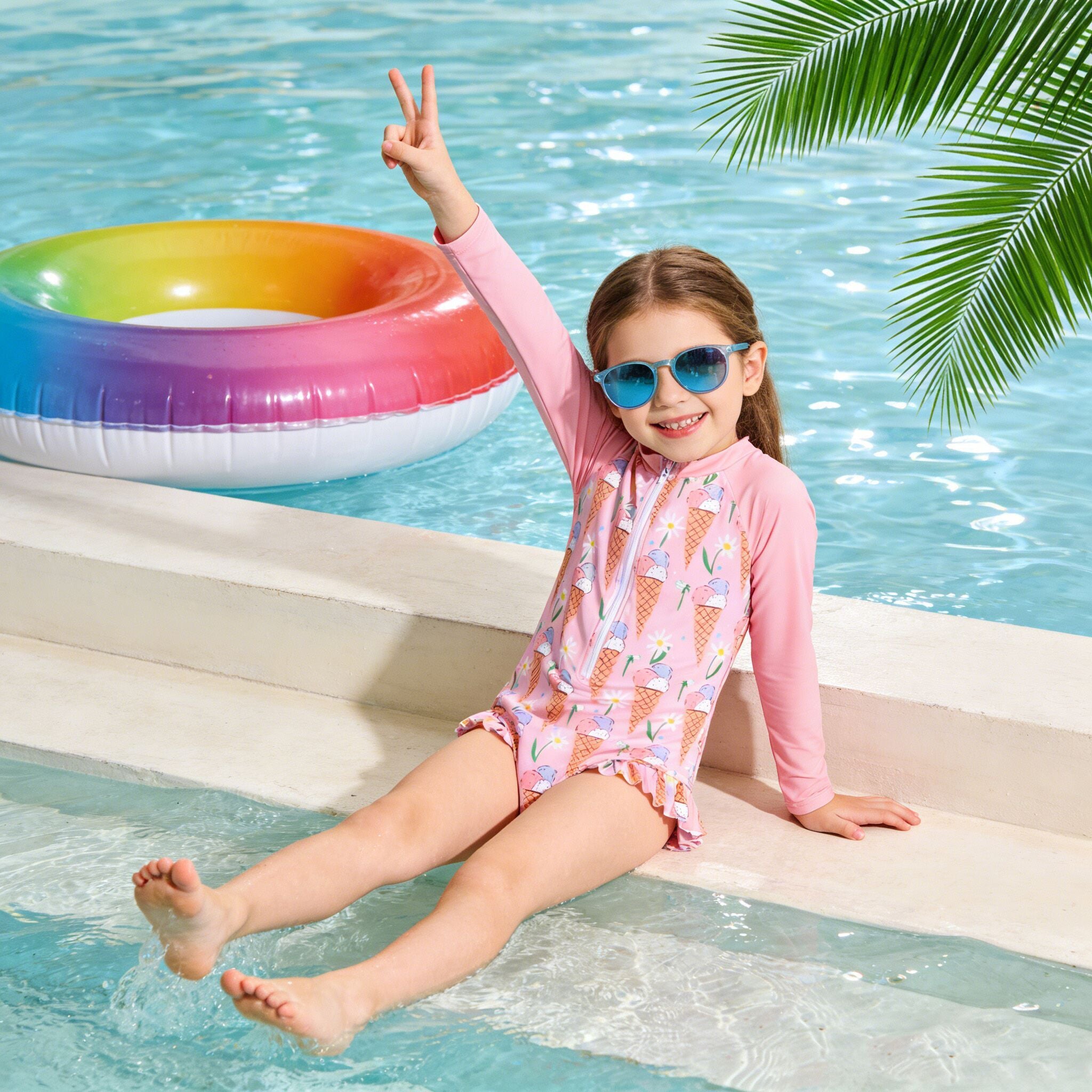 （In Stock）Girls Summer Ice Cream Print Swimsuit