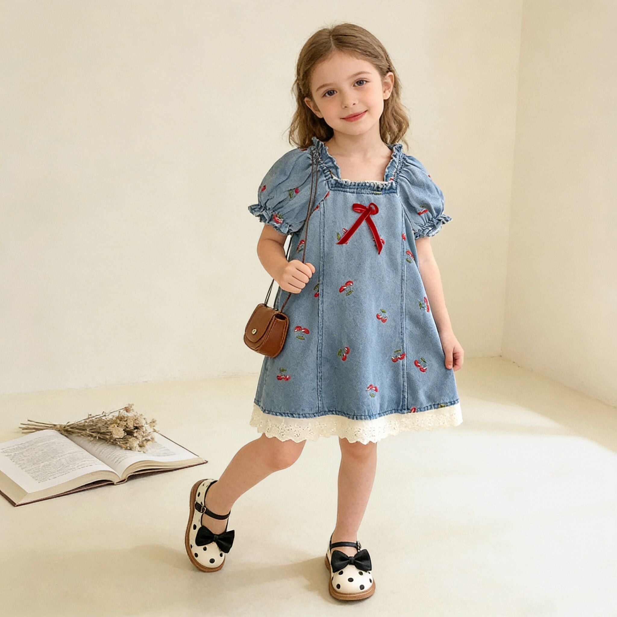 （In Production）Girls Spring&Summer Cherry Embroidery Denim Dress