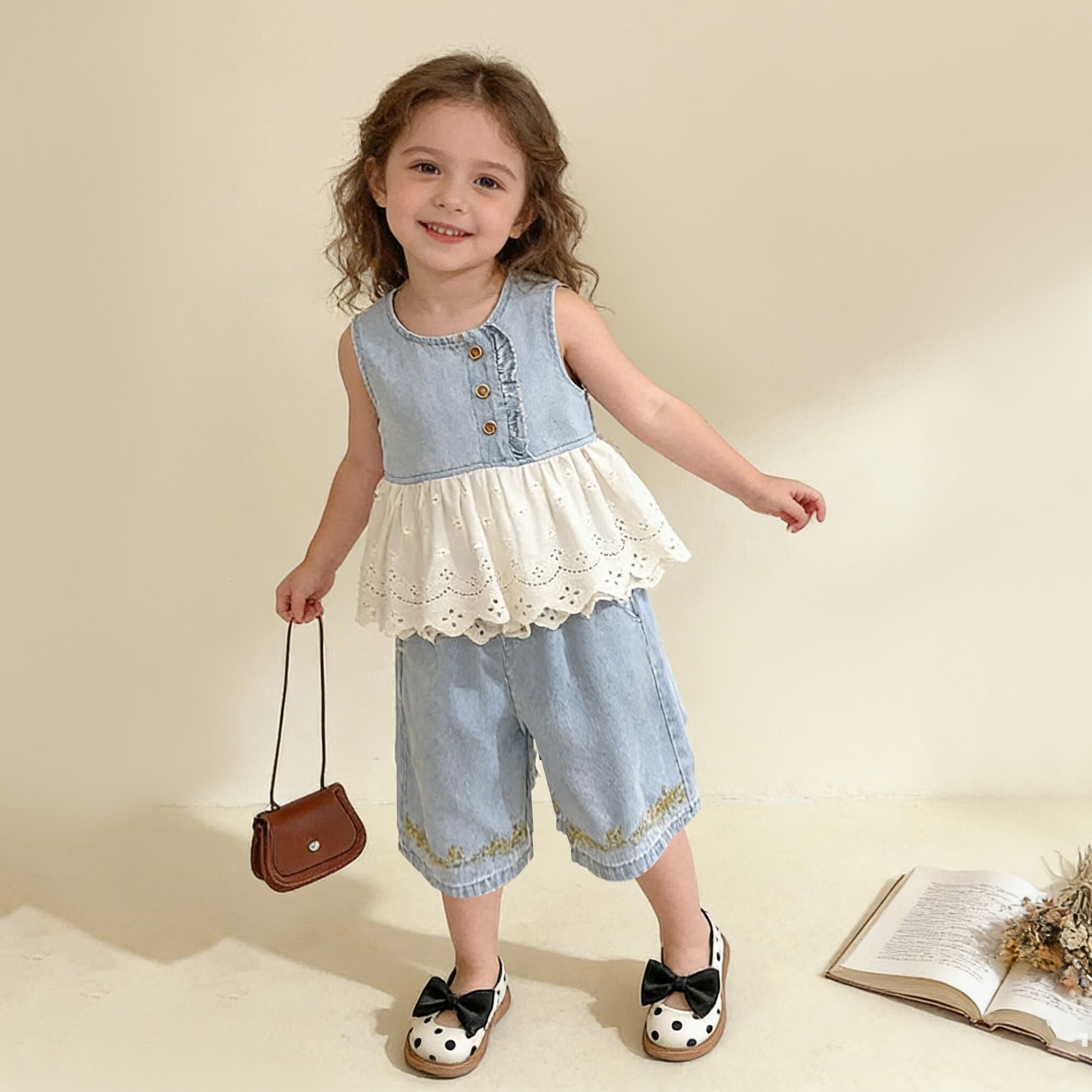 （In Production）Girls Spring&Summer Denim Lace Ruffle Embroidery Outfit Set