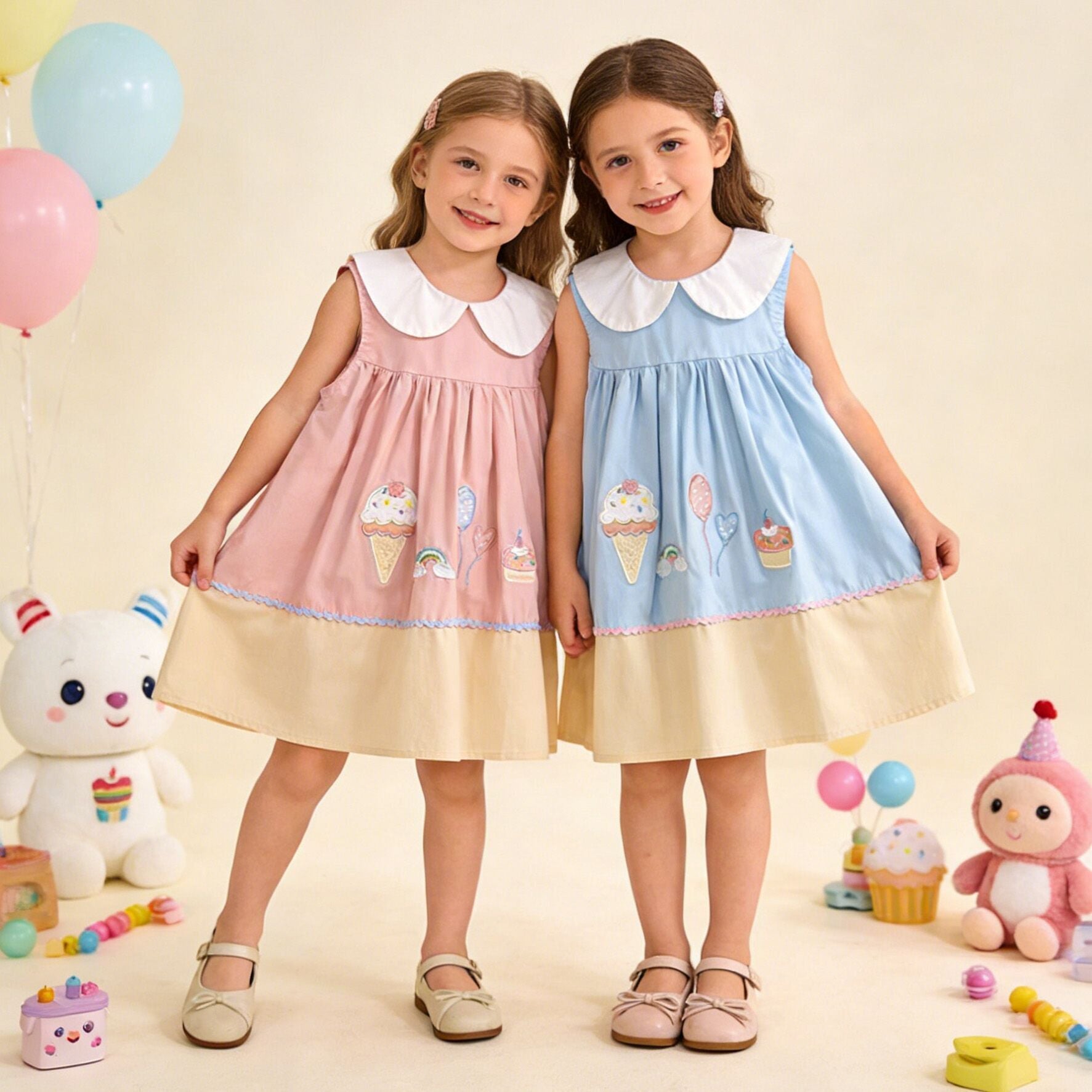 （In Production）Girls Summer Ice Cream Applique Doll Collar Dress
