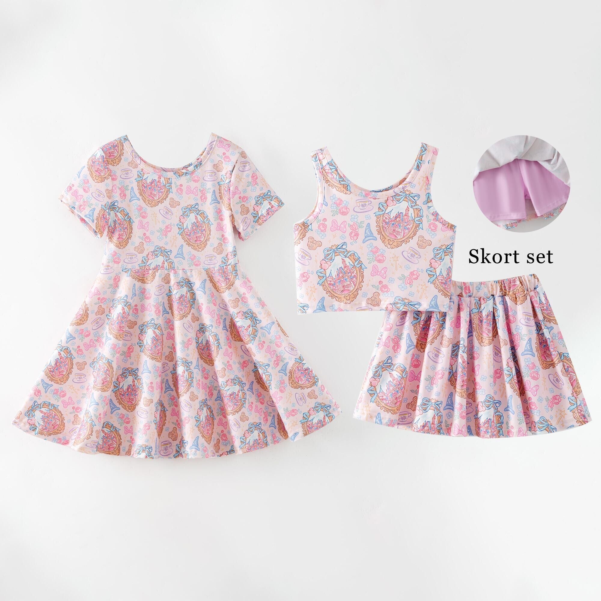 （Pre Order,Prepack Zone）Girls Spring&Summer Castle Print Dress,Skort Set（Mix Size）