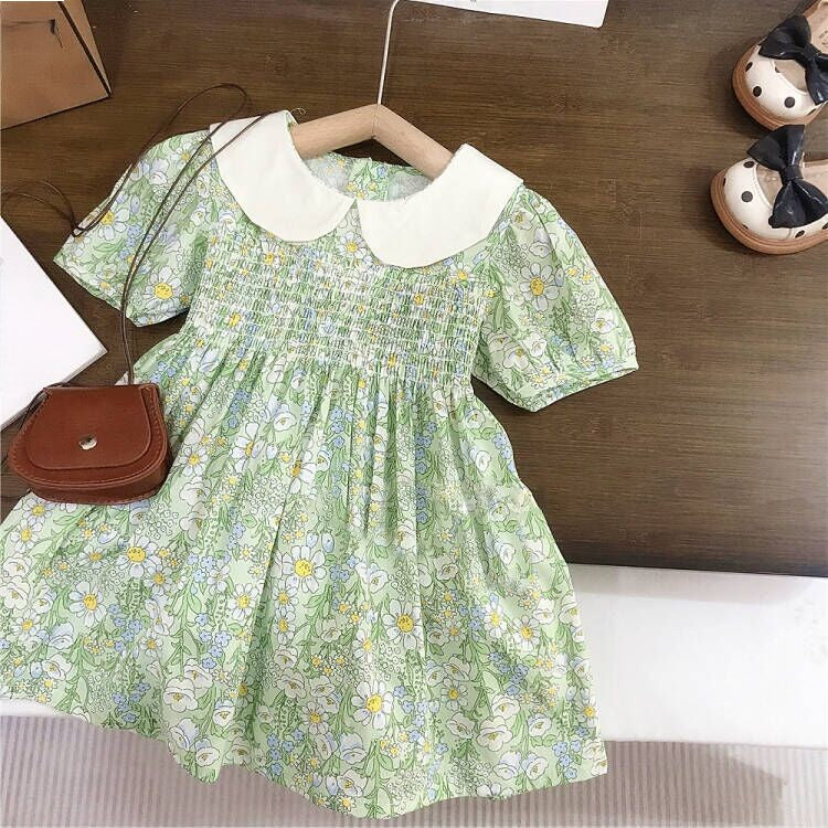 （In Production）Girls Spring&Summer Floral Print Smocked Dress