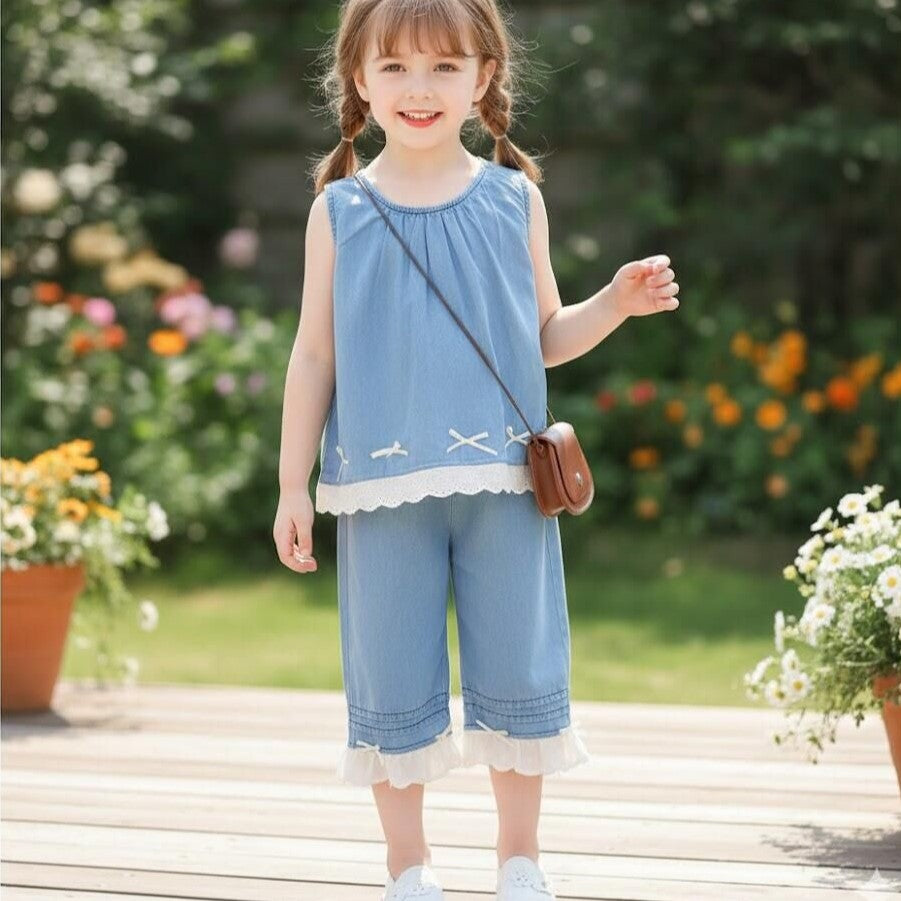 （In Production）Girls Spring&Summer Lace Ruffle Denim Outfit Set